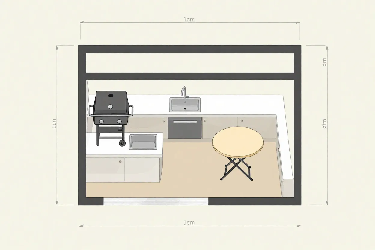 Planta baixa ilustrada de varanda gourmet pequena com layout otimizado em formato linear