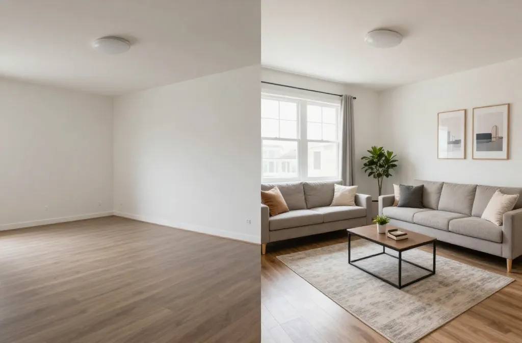 Apartamento vazio transformado em ambiente mobiliado por staging virtual lado a lado